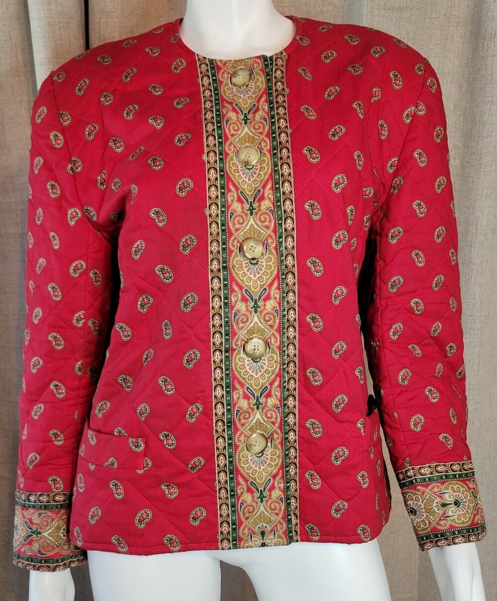VTG Vera Bradley Cropped Quilted Button Jacket Blazer Large Red Paisley Fall 91